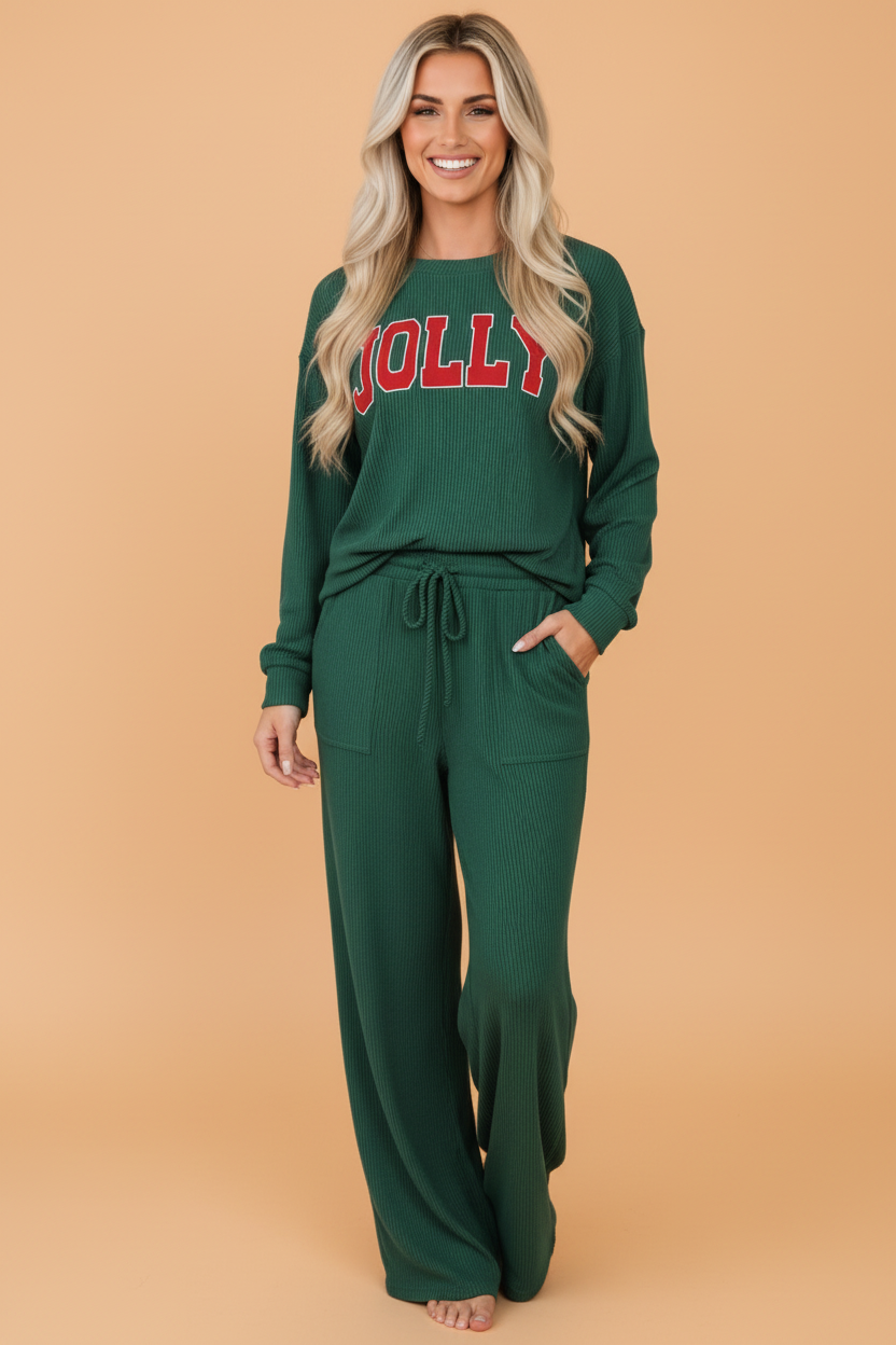 PRETTY BASH Christmas Letter Print Corded Knit Top & Pants Set