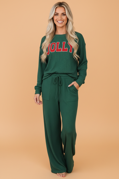 PRETTY BASH Christmas Letter Print Corded Knit Top & Pants Set