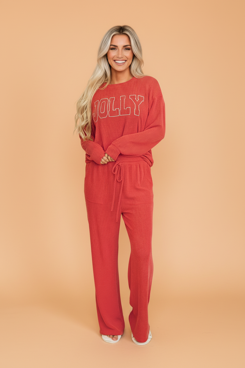 PRETTY BASH Christmas Letter Print Corded Knit Top & Pants Set