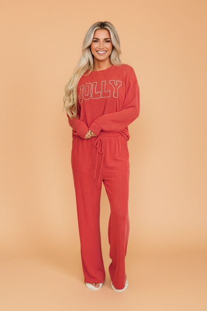 PRETTY BASH Christmas Letter Print Corded Knit Top & Pants Set