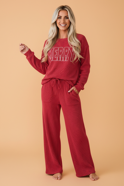 PRETTY BASH Christmas Letter Print Corded Knit Top & Pants Set