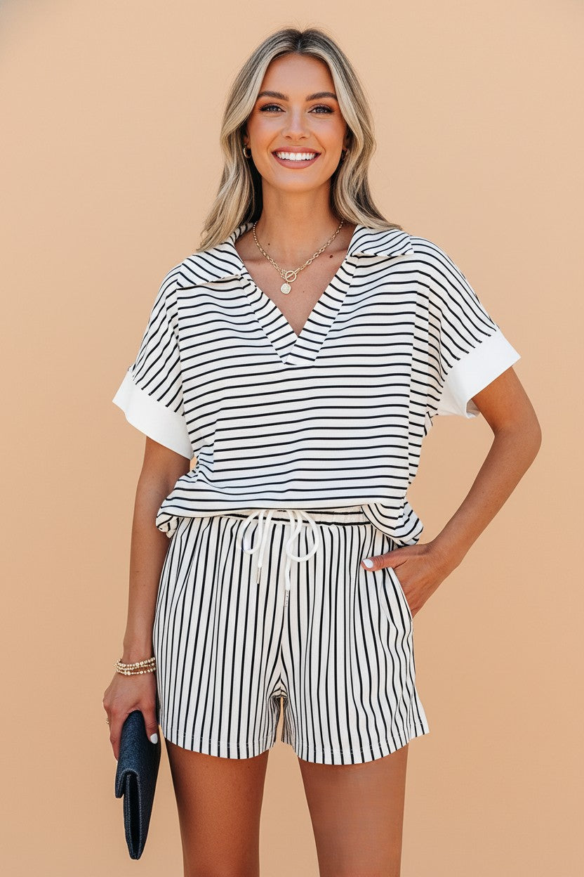 Stripe Collared V-Neck Tee & Shorts Set
