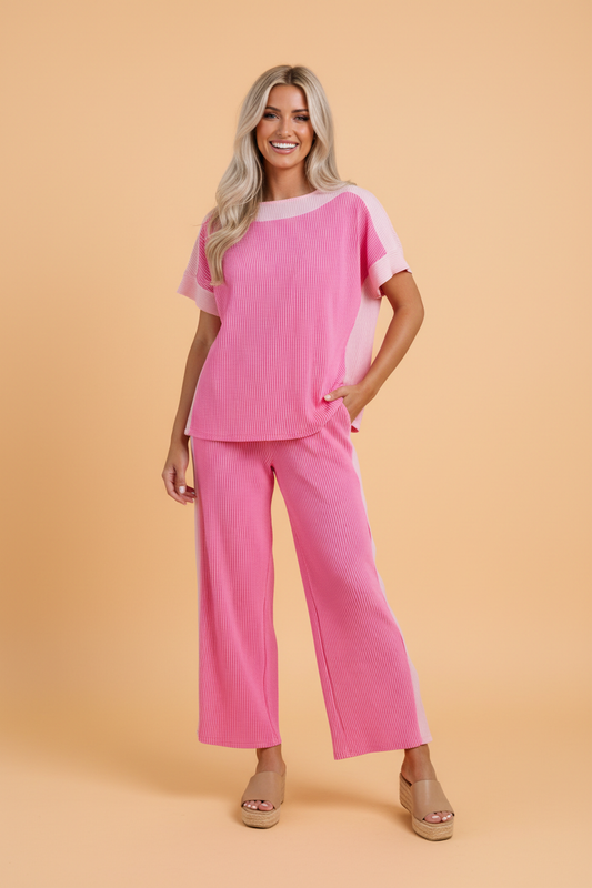 Colorblock Corded Top & High Waist Pants Set