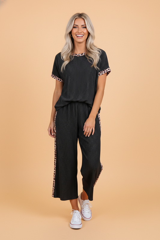 Leopard Patchwork Corded Knit Top & Crop Pants Set