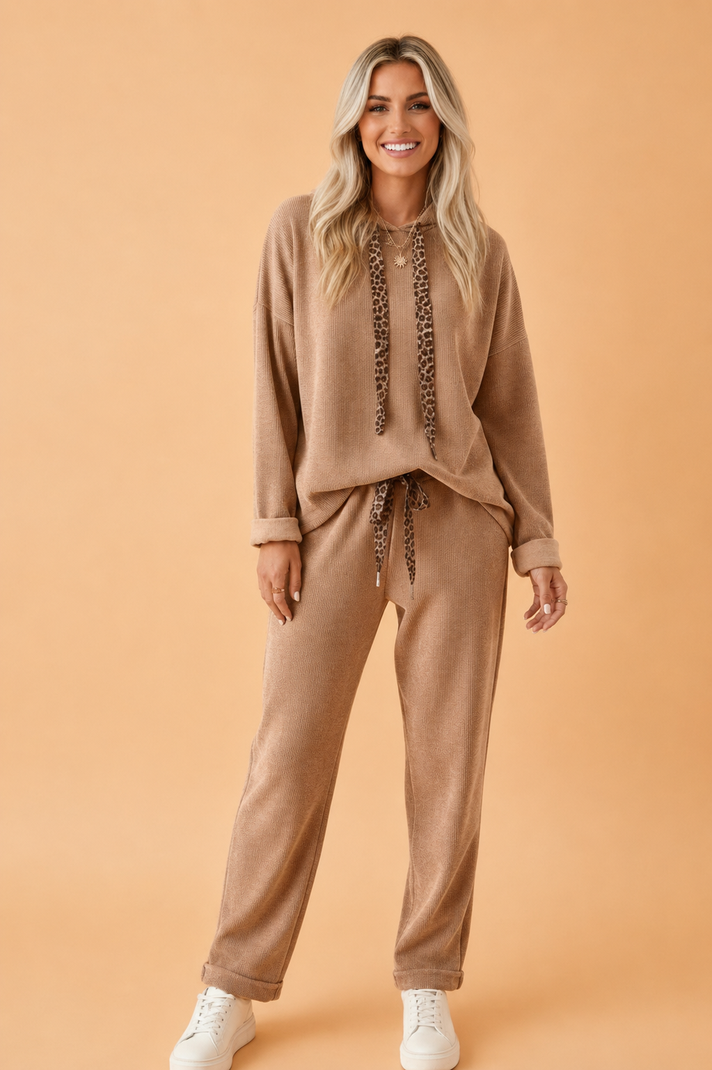 Solid Corduroy Contrast Drawstring Hoodie & Pants Set