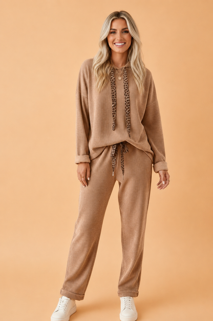 Solid Corduroy Contrast Drawstring Hoodie & Pants Set