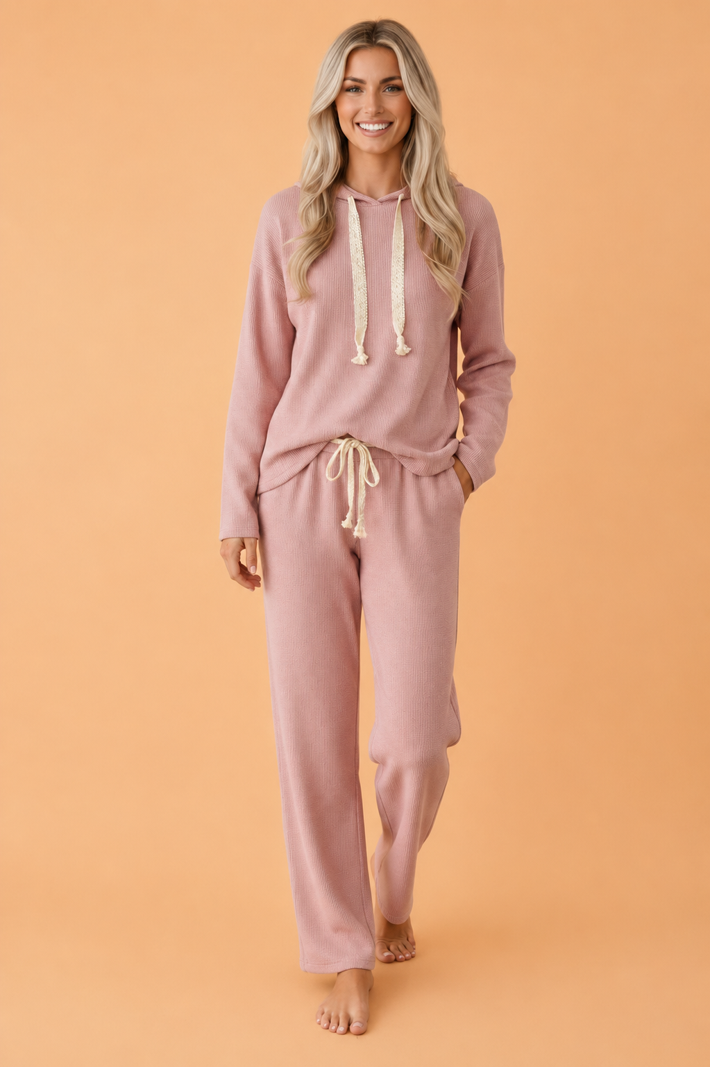 Solid Corduroy Contrast Drawstring Hoodie & Pants Set