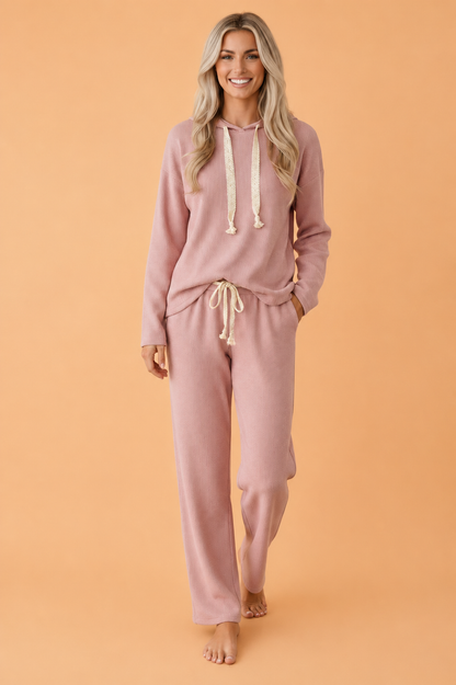 Solid Corduroy Contrast Drawstring Hoodie & Pants Set