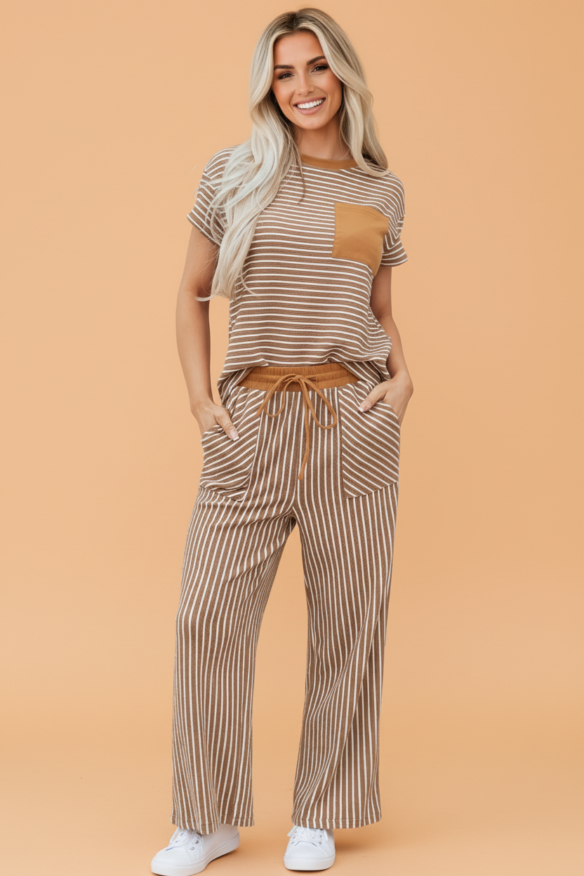 Stripe Crew Neck Tee and Drawstring Pants Set