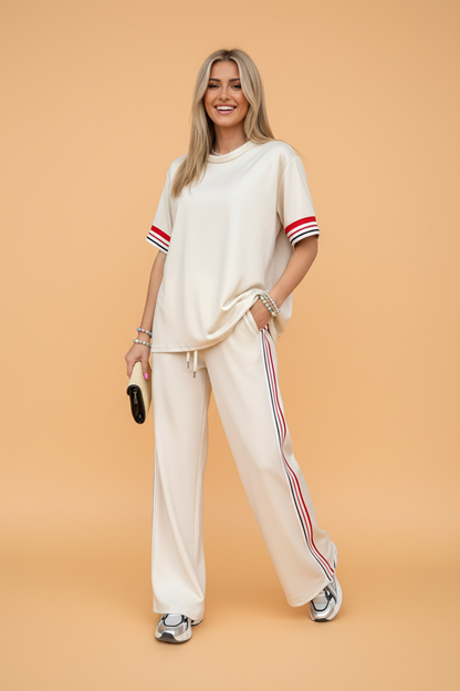Contrast Stripe Crewneck Top & Straight Pants Set