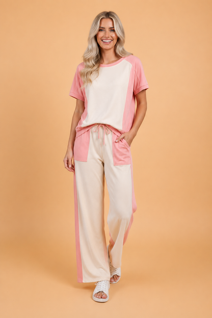 Colorblock Patchwork Tee & Drawstring Pant Set