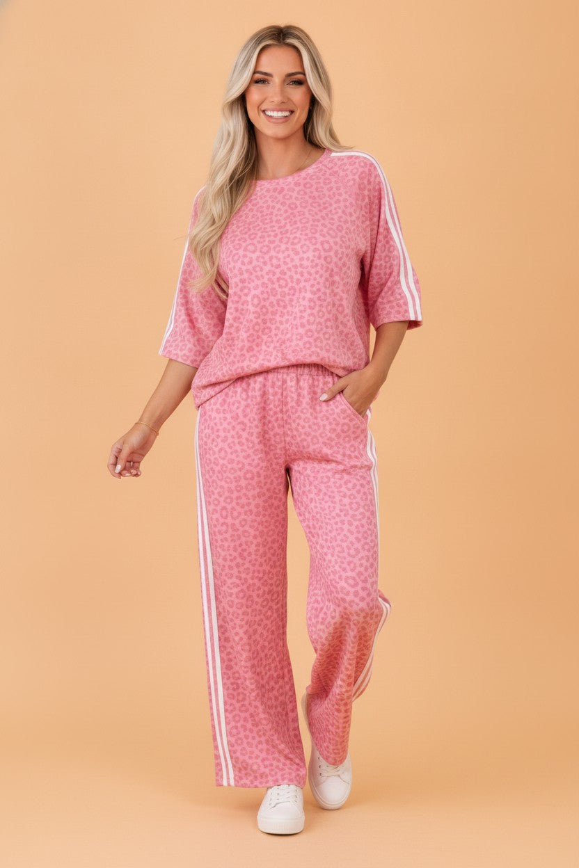 Leopard Varsity Stripe 3/4 Sleeve Top & Pants Set