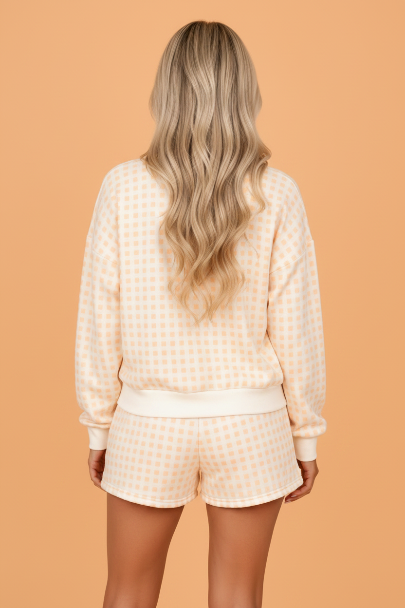 Gingham Plaid Baggy Pullover and Drawstring Shorts Set