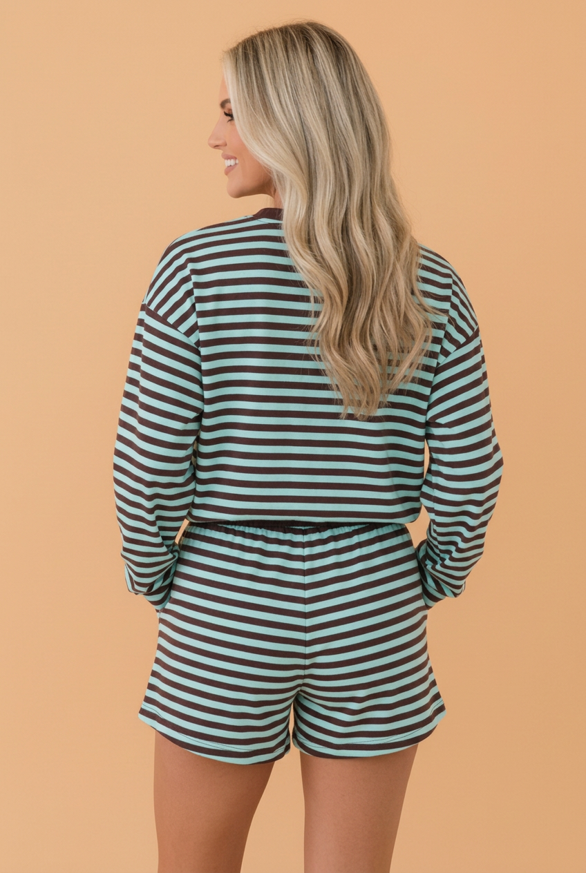 PRETTY BASH Stripe Contrast Long Sleeve Top & Shorts Set