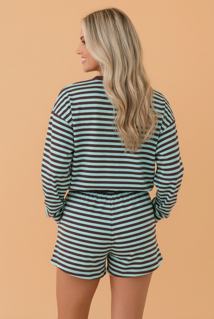 PRETTY BASH Stripe Contrast Long Sleeve Top & Shorts Set