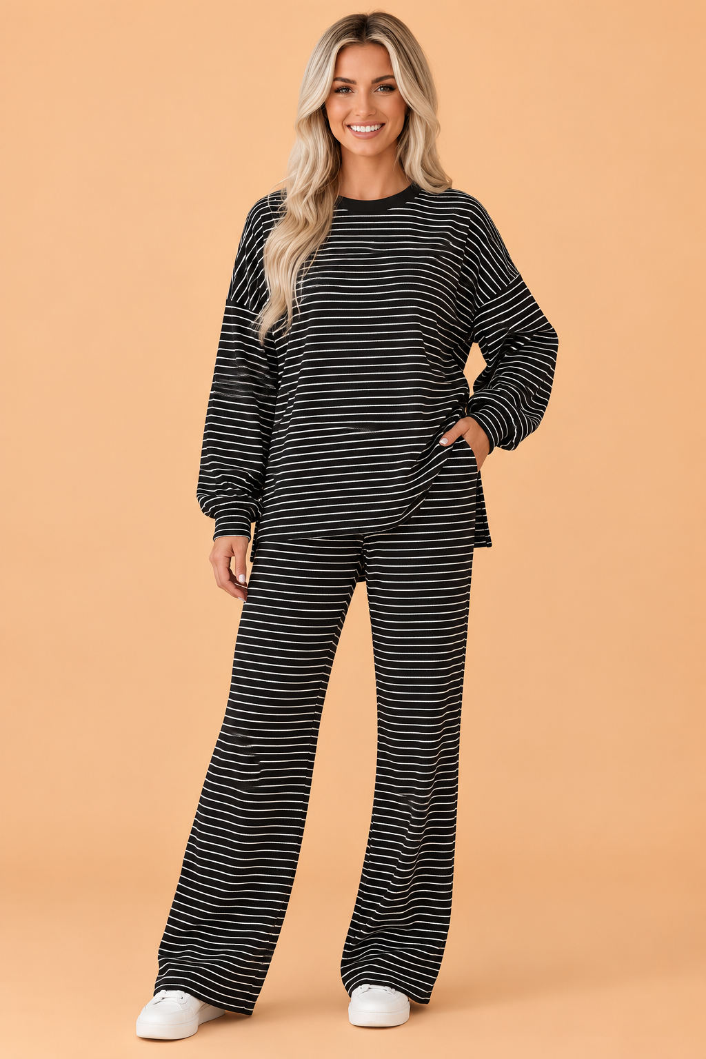 PRETTY BASH Stripe Drop Shoulder Long Sleeve Top & Pants Set