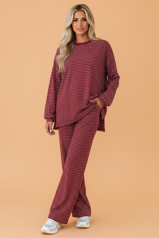 PRETTY BASH Stripe Drop Shoulder Long Sleeve Top & Pants Set