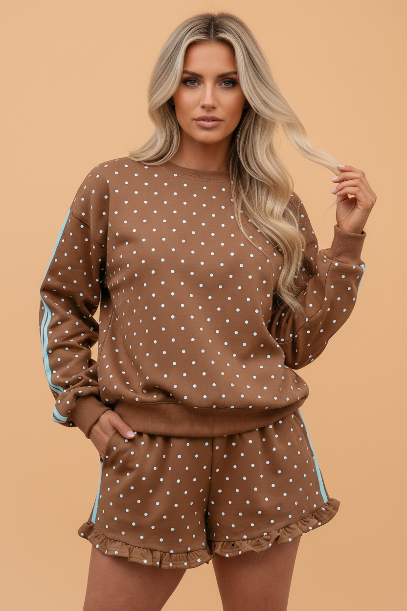 PRETTY BASH Polka Dot Side Stripe Sweatshirt & Ruffle Shorts Set