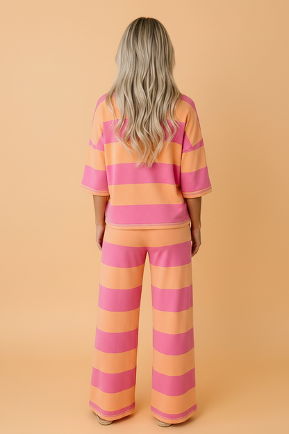 Stripe Colorblock 3/4 Sleeve Top and Pants Set