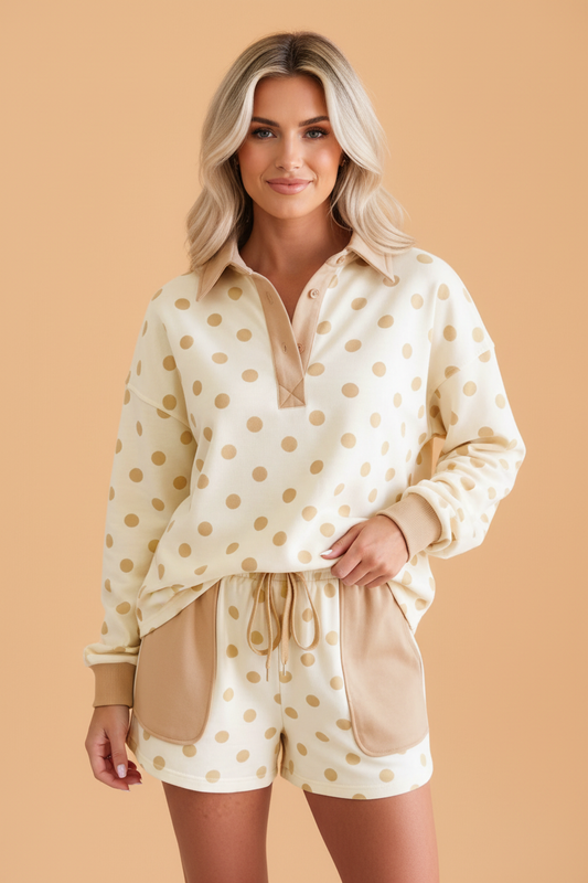PRETTY BASH Polka Dot Colorblock Polo Top & Shorts Set