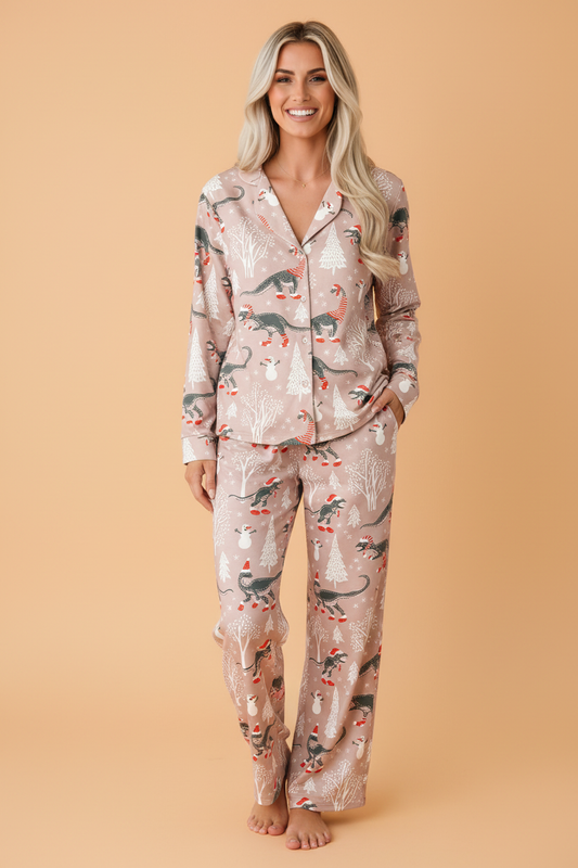 PRETTY BASH Christmas Dinosaurs Top & Pants Pajama Set