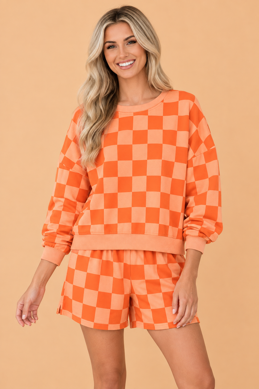 Checker Long Sleeve Crop Top & Shorts Set