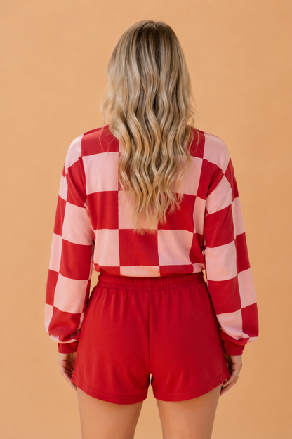 Checker Long Sleeve Top & Drawstring Shorts Set