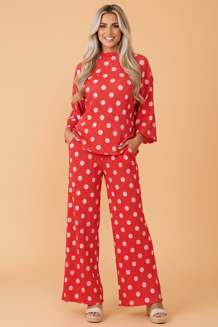 PRETTY BASH Polka Dot Ribbed Knit Mock Neck Top &  Pants Set