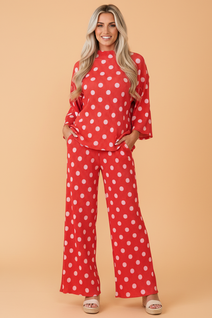 PRETTY BASH Polka Dot Ribbed Knit Mock Neck Top &  Pants Set