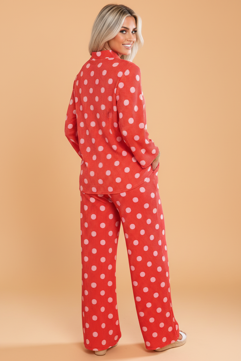 PRETTY BASH Polka Dot Ribbed Knit Mock Neck Top &  Pants Set