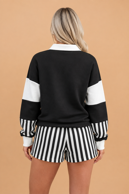 Stripe Colorblock Polo Top & Drawstring Shorts Set