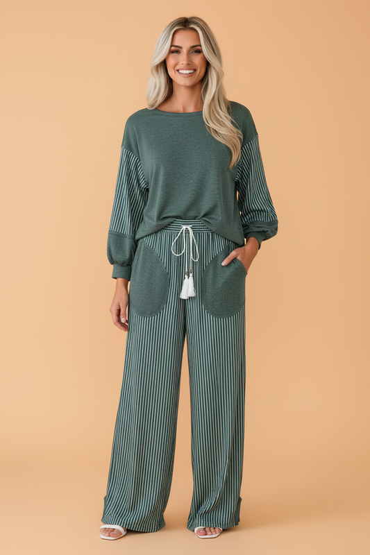 Stripe Patchwork Raw Seam Top & Pants Set
