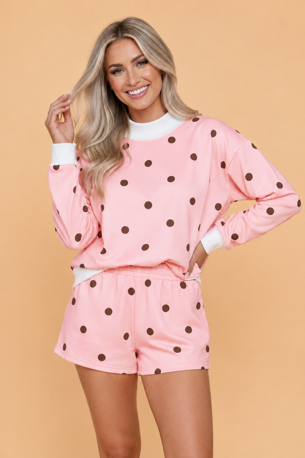 Polka Dot Ribbed Trim Mock Neck Top & Shorts Set