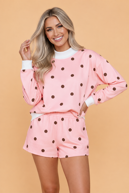 Polka Dot Ribbed Trim Mock Neck Top & Shorts Set