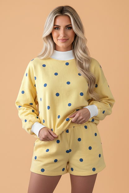 PRETTY BASH Polka Dot Ribbed Trim Long Sleeve Top & Shorts Set