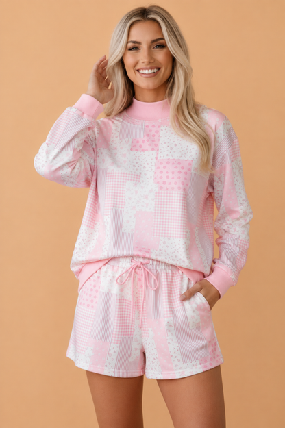 Floral Patchwork Sweatshirt & Drawstring Shorts Set