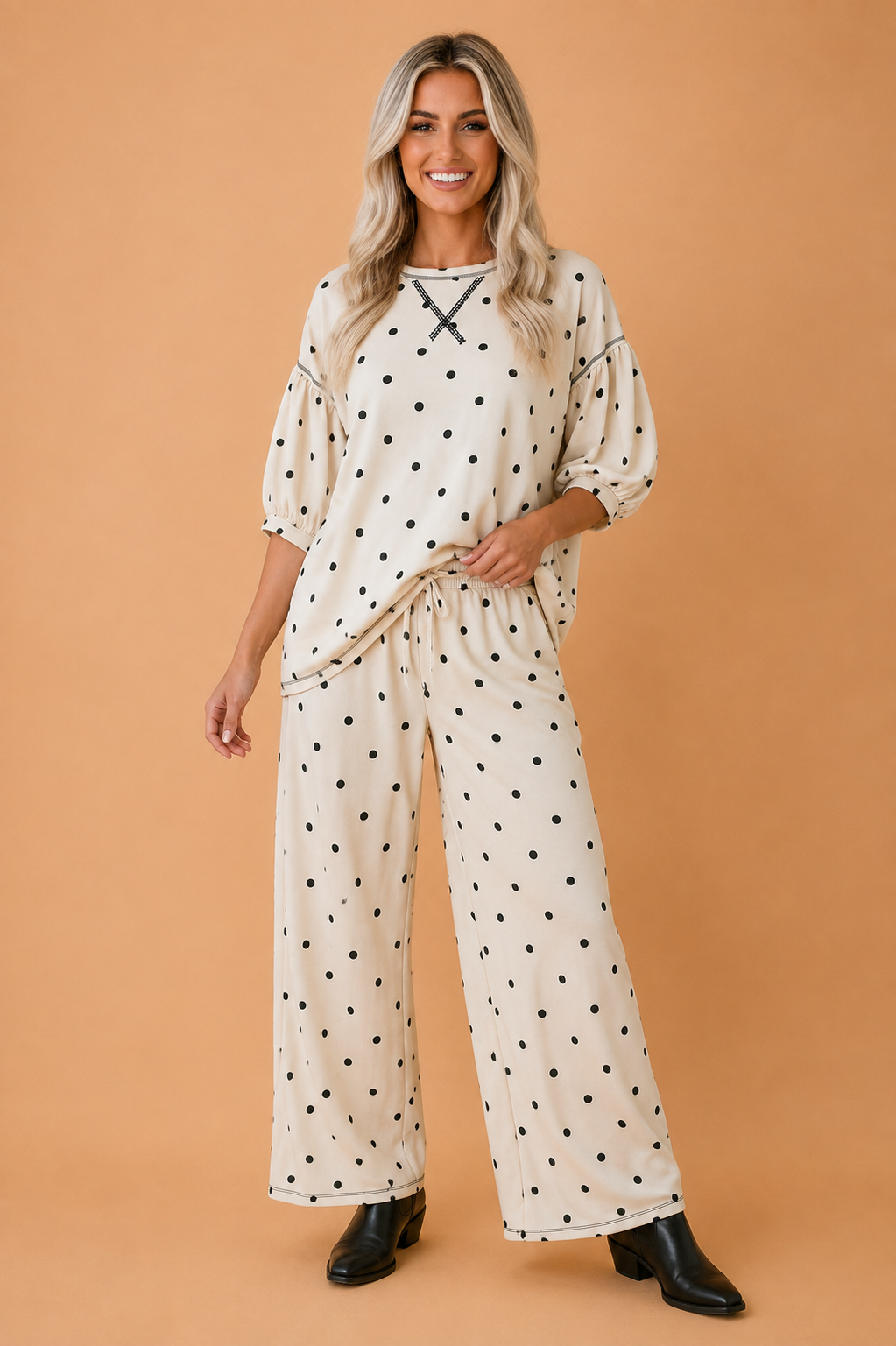 Polka Dot 3/4 Sleeve Top & Elastic Waist Pants Set