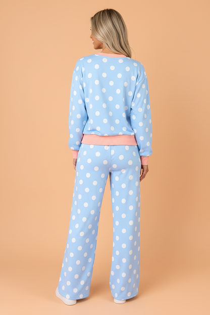 Polka Dot Contrast Trim Top & Drawstring Pants Set