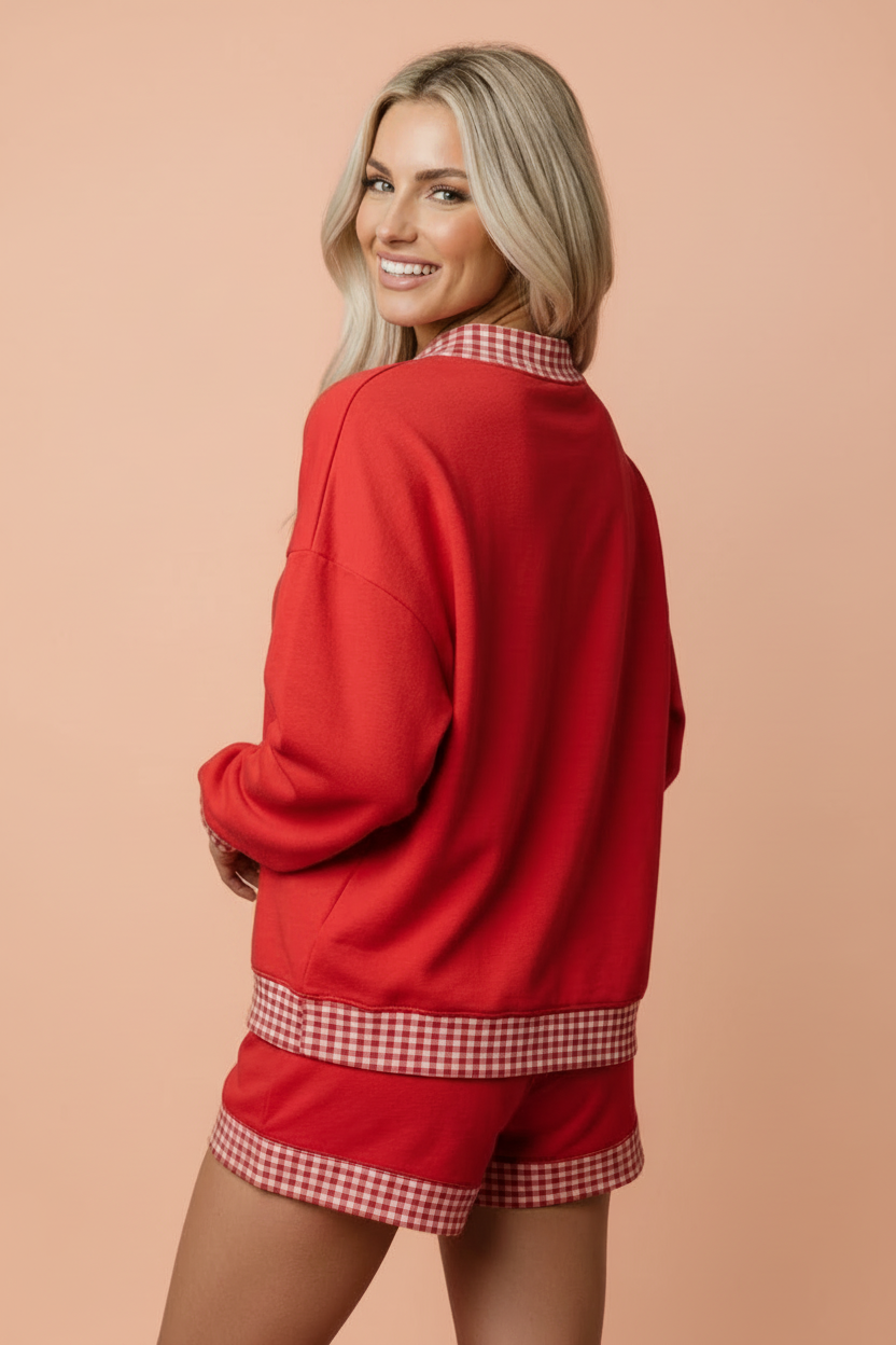 Gingham Trim Long Sleeve Pullover and Shorts Set