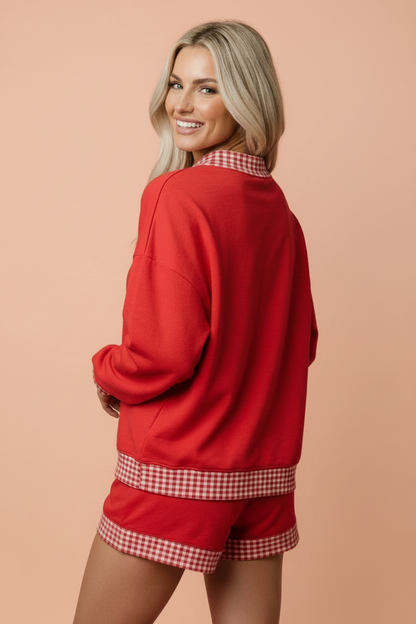 Gingham Trim Long Sleeve Pullover and Shorts Set