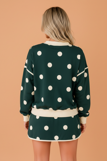 Polka Dot Colorblock Trim Sweatshirt & Skirt Set