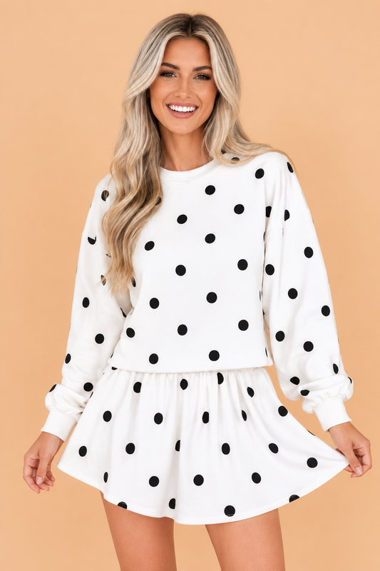 Polka Dot Raw Hem Sweatshirt & Skort Set