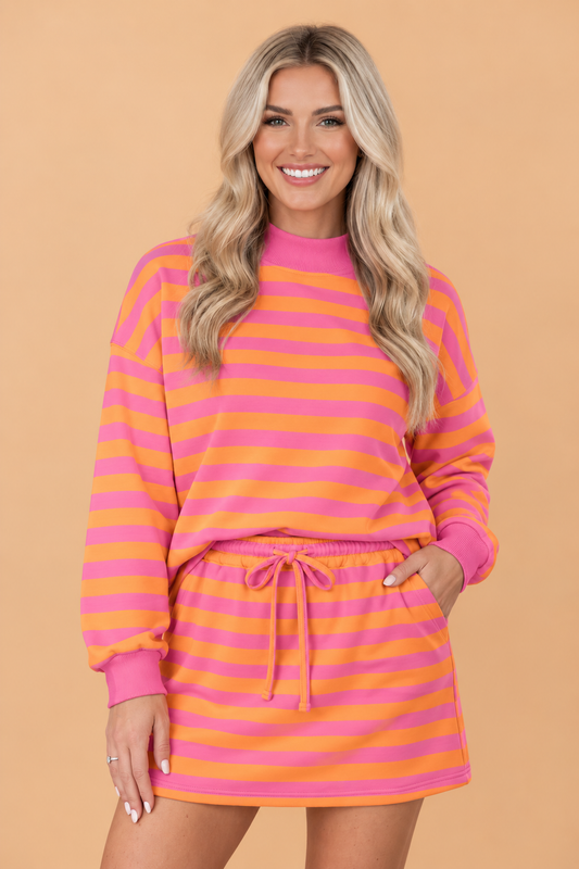 Stripe Colorblock Mock Neck Pullover & Skort Set