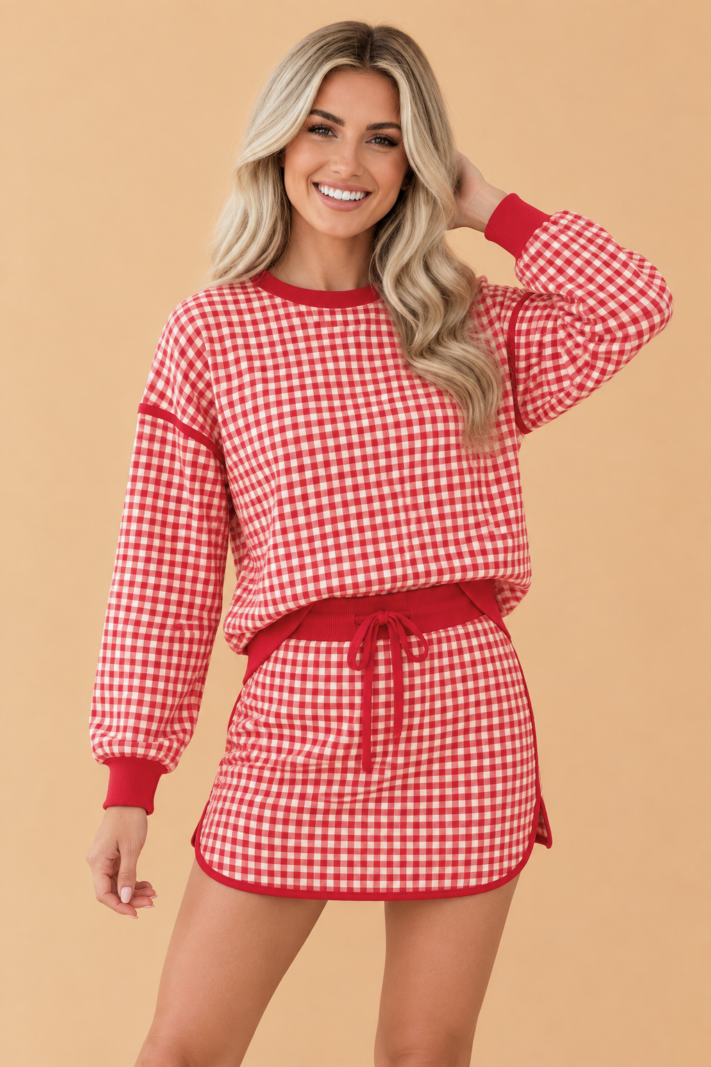 Gingham Contrast Trim Oversized Top & Skort Set