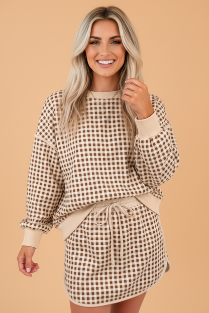PRETTY BASH Gingham Contrast Trim Oversized Top & Skort Set