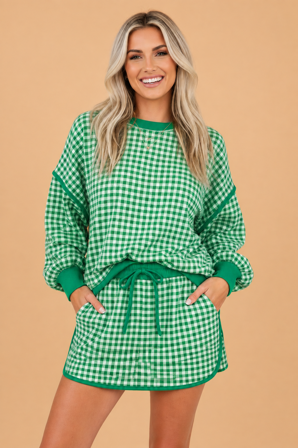 Gingham Contrast Trim Oversized Top & Skort Set