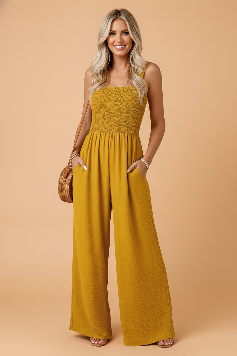 Smocked Sleeveless Wide Leg Jumpsuit with Pockets