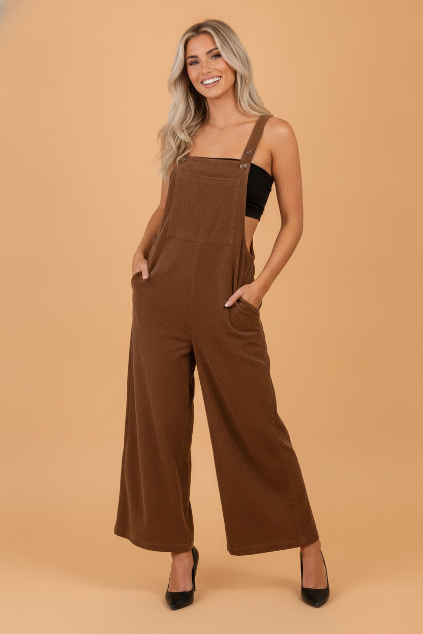 Solid Corduroy Wide Leg Bib Overalls