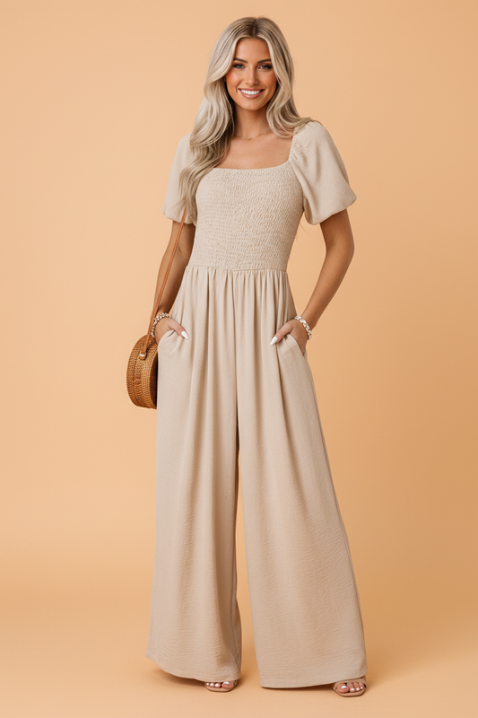 Short Bubble Sleeve Smocked Wide Leg Jumpsuit