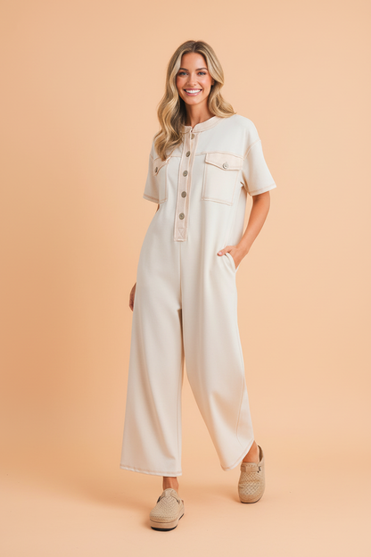 Half Placket Chest Pockets Wide Leg Jumpsuit